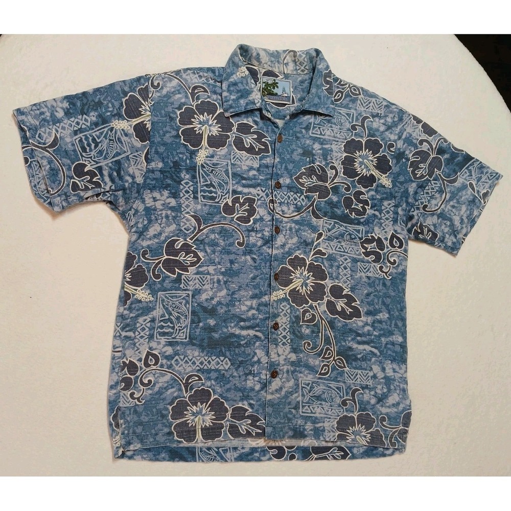 VTG AFTCO Bluewater Reverse Print Hawaiian Shirt Mens XL Blue Hibiscus Tribal